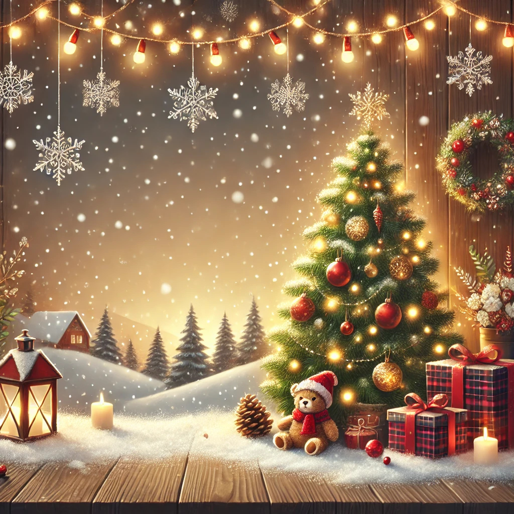 DALL·E 2024-12-13 10.05.16 - A festive holiday-themed digital illustration featuring a cozy winter background with snowflakes, a decorated Christmas tree, glowing lights, and a wa